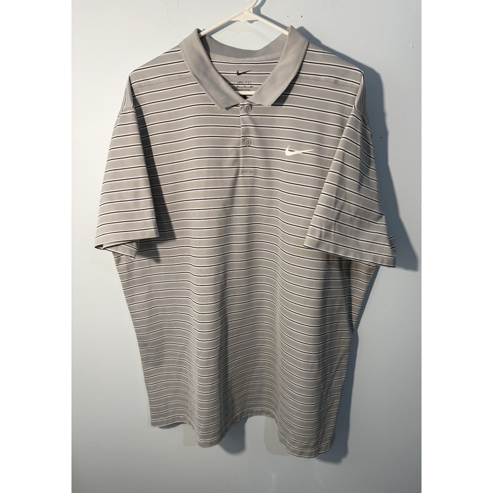 NIKE Men's Polo Shirt Dri Fit Short Sleeve Button Gray Black Stripe Size XXL